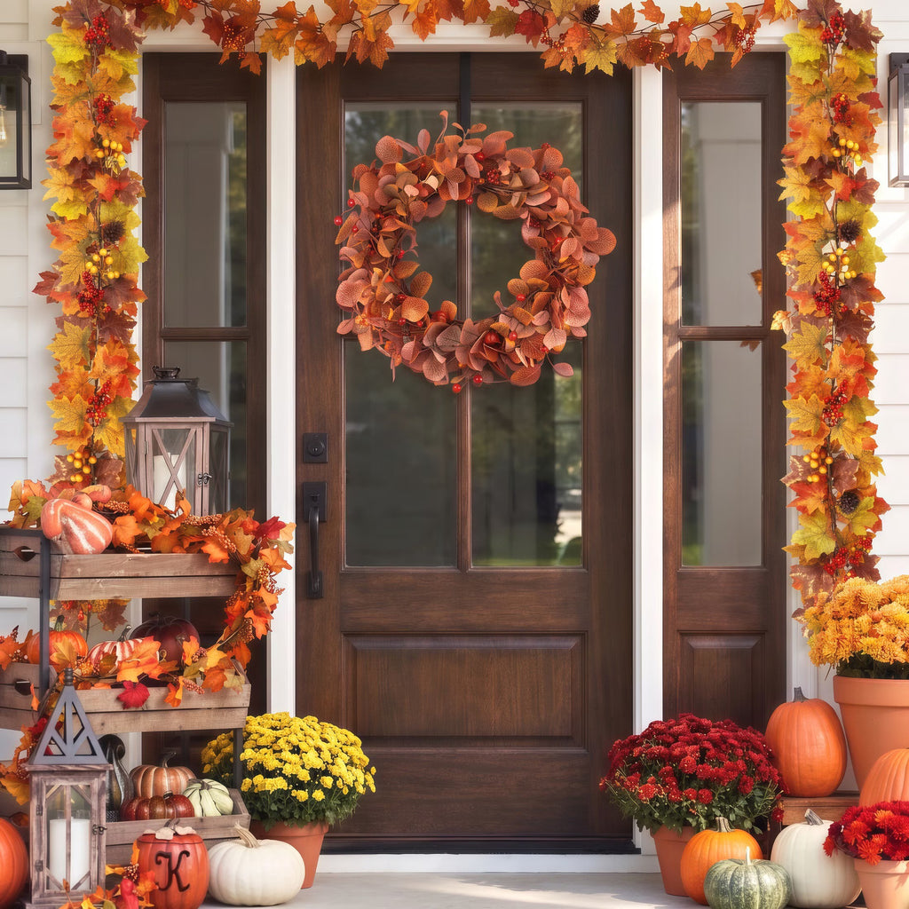 Fall Wreaths for Front Door, 22" Artificial Eucalyptus Leaves Autumn Wreaths Modern Farmhouse Fall Decoration for Home