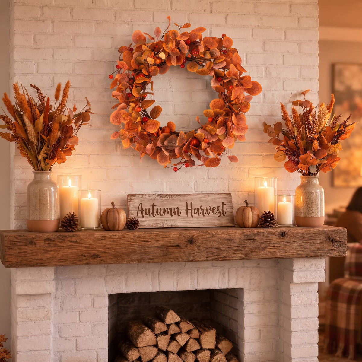 Fall Wreaths for Front Door, 22" Artificial Eucalyptus Leaves Autumn Wreaths Modern Farmhouse Fall Decoration for Home