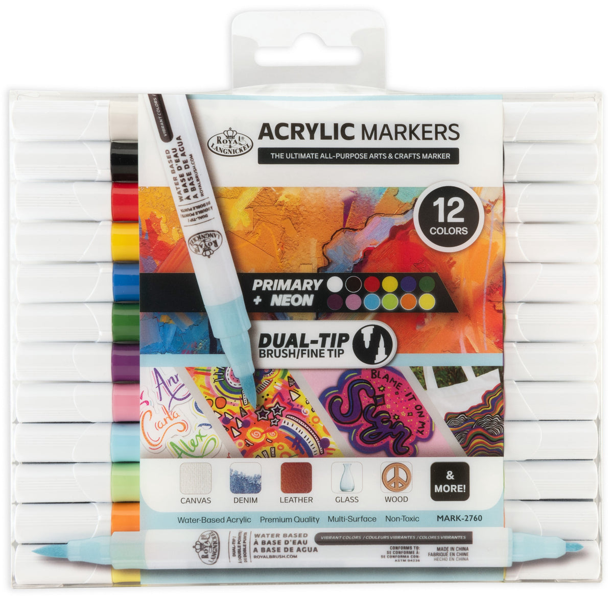 - 12Pc Dual Tip Acrylic Paint Marker Set, Primary and Neon Colors