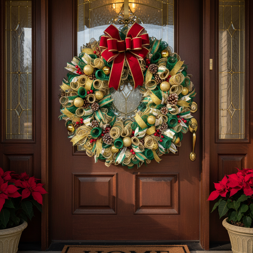 Finished deco mesh wreath hanging on a front door