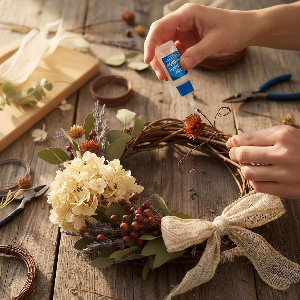 Super glue being used to assemble a handmade wreath with dried florals and craft wire on a rustic wooden surface