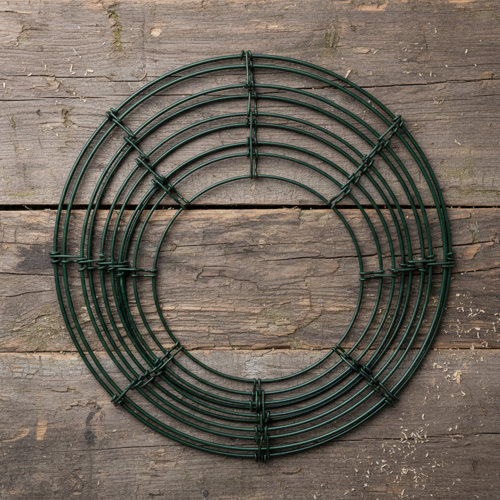 10 dark green wire wreath frames fanned out on rustic wood surface